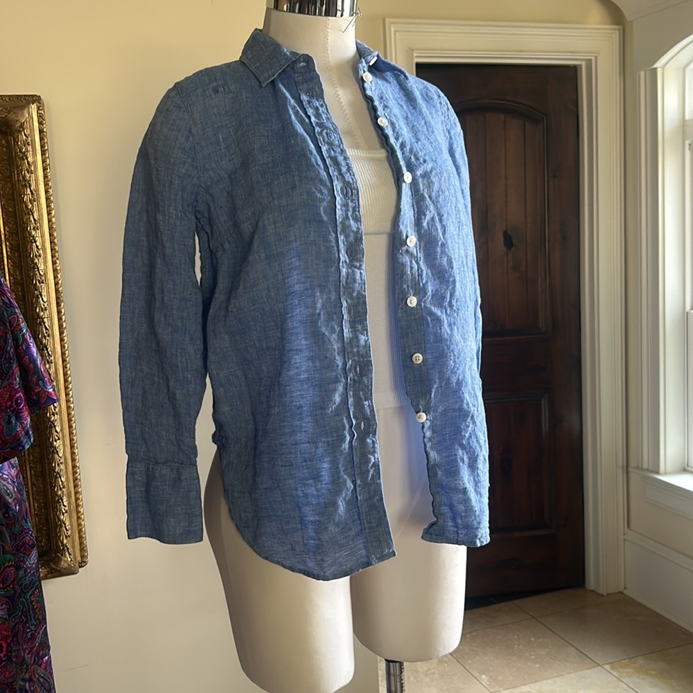 Talbots Petite Chambray Linen Sz PS Button Down EUC Blue